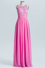 Prom Dress Long Open Back, Pink A-line Lace and Chiffon Long Bridesmaid Dress