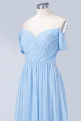 Prom Dress 2035, Blue Off the Shoulder Pleated Chiffon Long Bridesmaid Dress