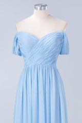 Prom Dresses Around Me, Blue Off the Shoulder Pleated Chiffon Long Bridesmaid Dress