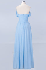 Prom Dress2040, Blue Off the Shoulder Pleated Chiffon Long Bridesmaid Dress