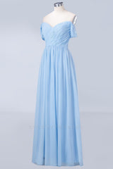 Prom Dress Backless, Blue Off the Shoulder Pleated Chiffon Long Bridesmaid Dress