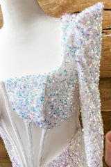 Party Dresses Winter, Iridescent White Sequins Long Sleeves Square Neck Homecoming Dress