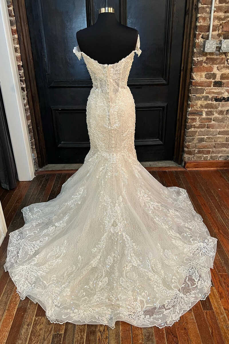 Wedsing Dress Simple, White Lace Off-the-Shoulder Mermaid Long Wedding Dress
