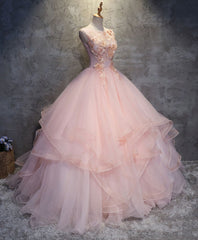 Party Dress Formal, Pink Round Neck Tulle Lace Long Prom Dress, Lace Formal Dress