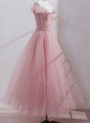 Modest Prom Dresses, Pink Shiny Tulle Beaded Off Shoulder Long Party Dress, Pink Tulle Formal Dress