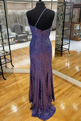 Red Gown, Dark Purple Sequin One-Shoulder Long Prom Dress with Slit