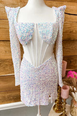 Party Dress Winter, Iridescent White Sequins Long Sleeves Square Neck Homecoming Dress