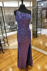 Bridesmaid Gown, Dark Purple Sequin One-Shoulder Long Prom Dress with Slit