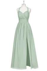 Formal Dresses With Tulle, Sage Green Chiffon Halter Backless A-Line Bridesmaid Dress
