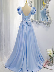 Bridesmaids Dresses Vintage, Blue Satin Backless Long Prom Dress, Blue Evening Dress