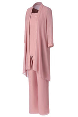 Party Dress Lady, Three-Piece Pink Chiffon Half Sleeve Mother of the Bride Pant Suits