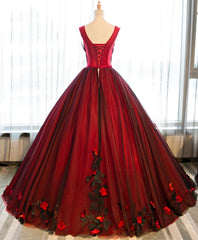 Formal Dress Simple, Burgundy Round Neck Tulle Lace Applique Long Prom Dress, Burgundy Evening Dress