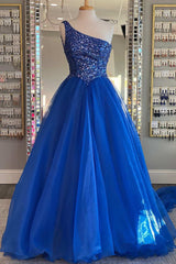 Prom Dress Places, Blue Beaded One-Shoulder A-Line Long Prom Dress