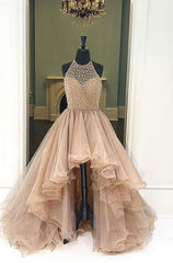 Evening Dress Elegant Classy, 2024 Halter Beaded High Low Organza Champagne Prom Dresses