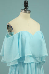 Bridesmaid Dress Custom, Off the Shoulder Blue Flounce Chiffon Long Bridesmaid Dress