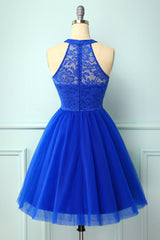 Pretty Prom Dress, Halter Royal Blue Lace Dress