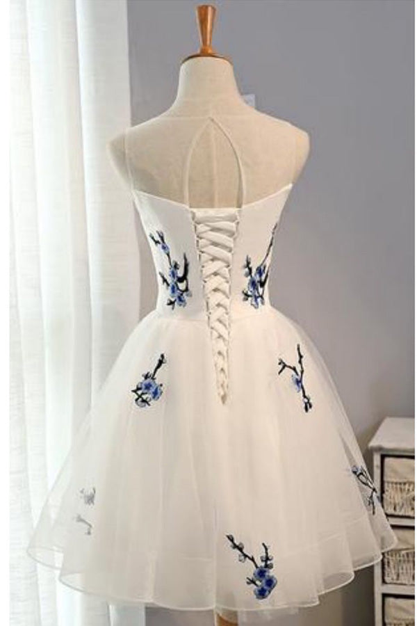 Bridesmaids Dresses Under 108, Ivory Sheer Sleeveless Floral Short Homecoming Dresses