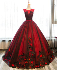Formal Dresses 2040, Burgundy Round Neck Tulle Lace Applique Long Prom Dress, Burgundy Evening Dress