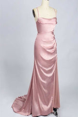 Prom Dresses For Short Girl, Pink Scoop Neck Lace-Up Back Long Formal Dress with Slit