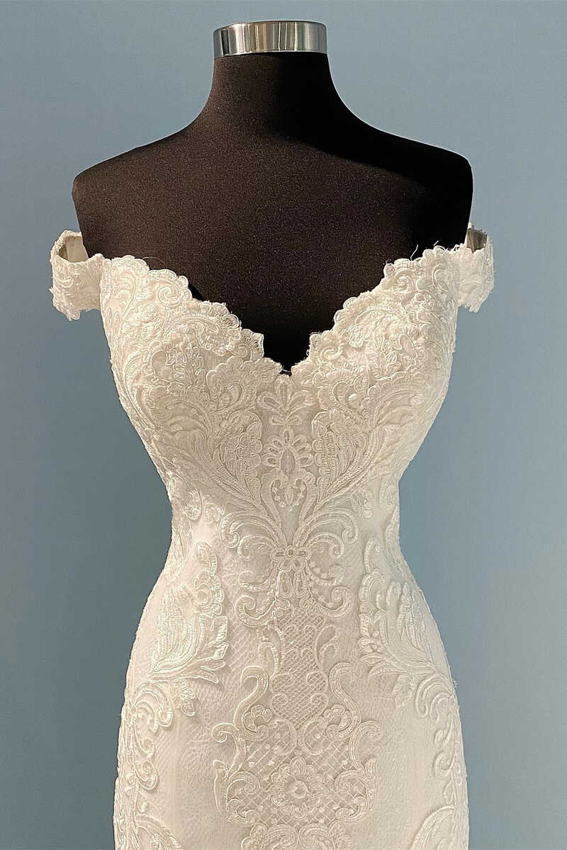 Wedding Dress Pinterest, Long White Lace Off-the-Shoulder Mermaid Wedding Dress