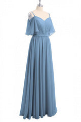 Evening Dresses For Over 66, Dusty Blue Chiffon Cold-Shoulder A-Line Bridesmaid Dress