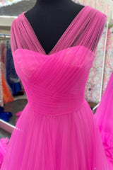 Night Out Outfit, Hot Pink Illusion Strapless A-line Layers Tulle Long Prom Dress
