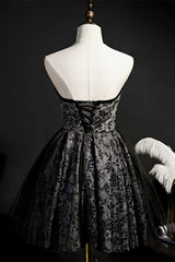 Prom Dresses 2030, Black Print Sweetheart A-Line Homecoming Dress with Bow
