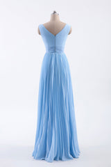 Prom Dresses 2038, Blue Pleated A-line Chiffon Long Bridesmaid Dress