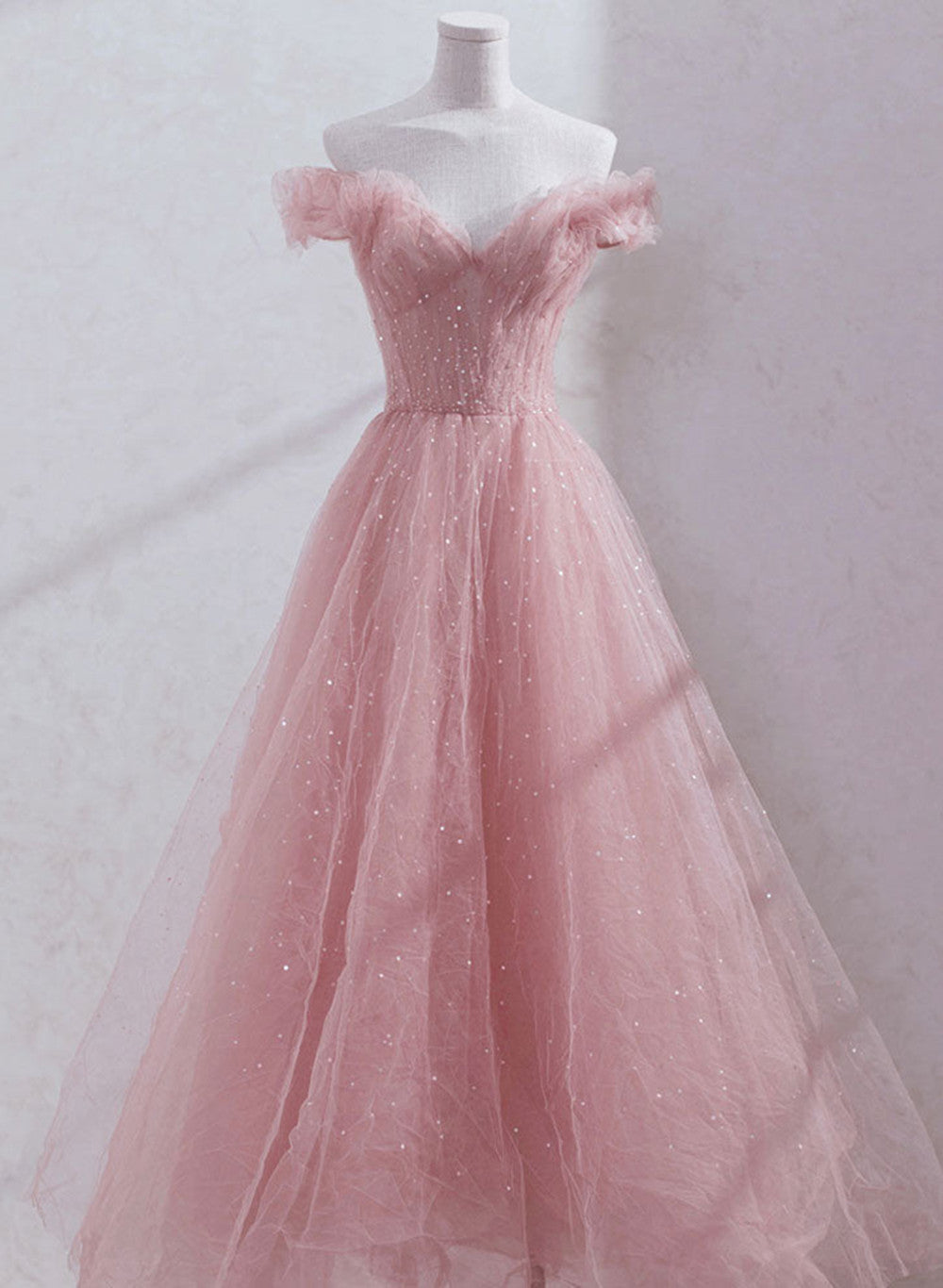 Fantasy Prom Dress, Pink Shiny Tulle Beaded Off Shoulder Long Party Dress, Pink Tulle Formal Dress