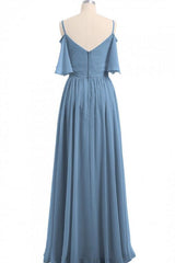 Evening Dresses For Over 66S, Dusty Blue Chiffon Cold-Shoulder A-Line Bridesmaid Dress