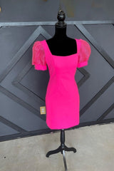 Formal Dress Outfits, Fuchsia Puff Sleeves Square Neck Sheath Homecoming Dress