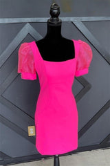 Formal Dress Gown, Fuchsia Puff Sleeves Square Neck Sheath Homecoming Dress