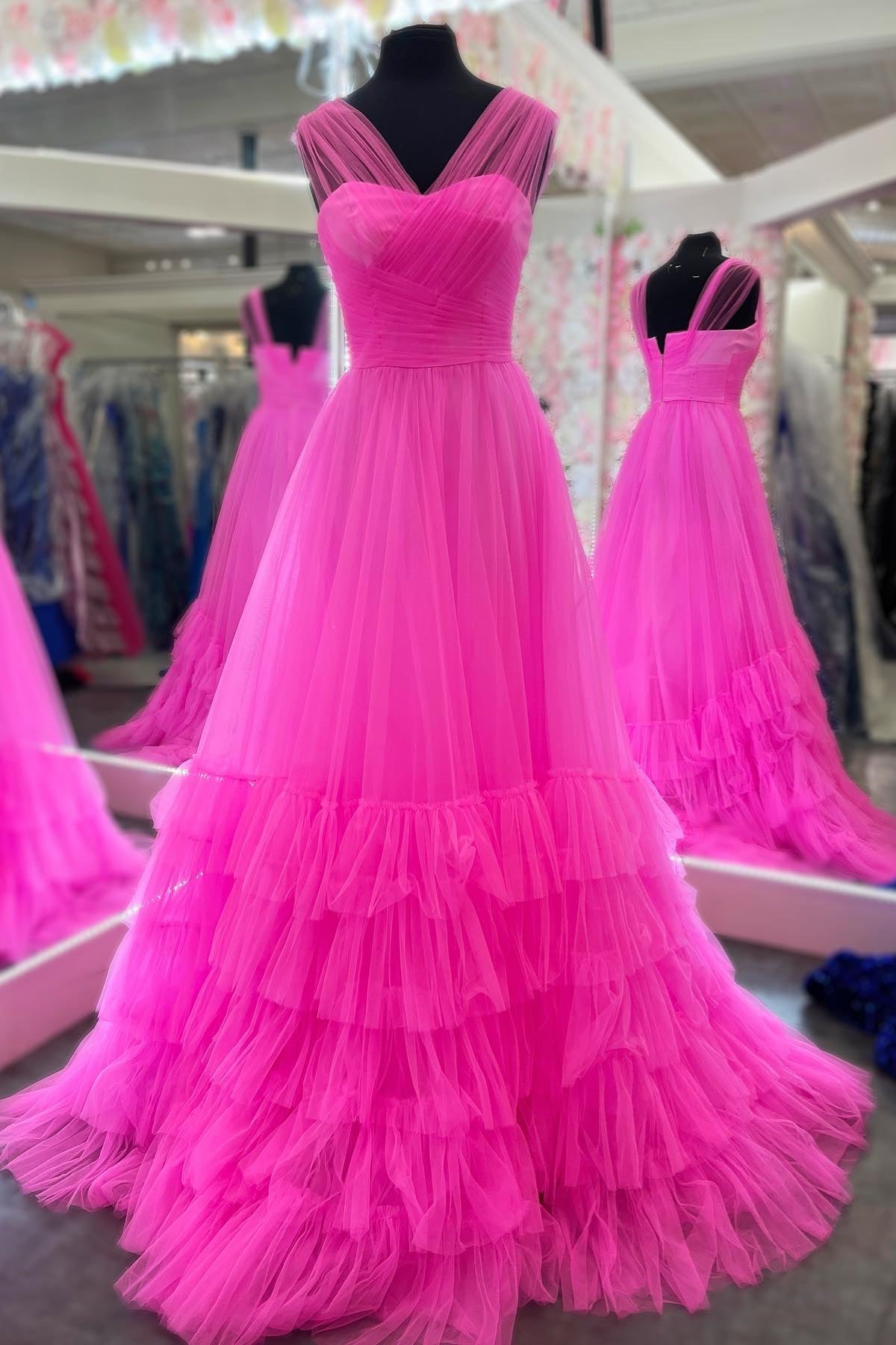 Party Dress Man, Hot Pink Illusion Strapless A-line Layers Tulle Long Prom Dress