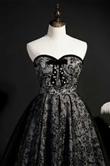 Prom Dress Corset, Black Print Sweetheart A-Line Homecoming Dress with Bow