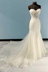 Wedding Dress Online Shops, Princess White Sweetheart Appliques Mermaid Long Wedding Dress