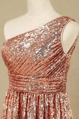 Evening Dress Petite, Rose Gold Sequin One-Shoulder Short Bridesmaid Dress