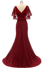 Bridesmaids Dresses Vintage, Mermaid Wine Red Ruffled Long Mother of the Bride Dress