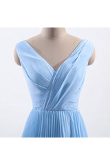 Prom Dresses Off The Shoulder, Blue Pleated A-line Chiffon Long Bridesmaid Dress