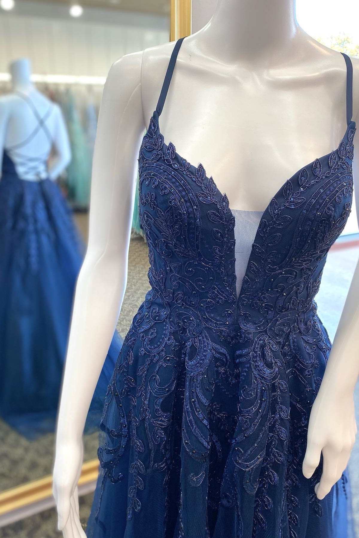 Bridesmaid Dress Shopping, Navy Blue Appliques Plunge Neck Lace-Up A-Line Prom Dress