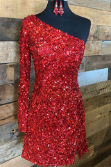 Homecoming Dress Website, Glitter One Sleeve Red Sequined Homecoming Dress