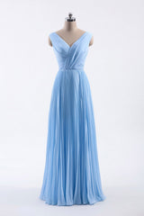 Prom Dress Colorful, Blue Pleated A-line Chiffon Long Bridesmaid Dress
