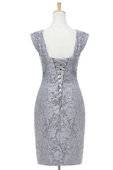 Party Dresses Ladies, Two-Piece Grey Lace Short Mother of the Bride Dress