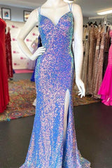 Homecomming Dresses With Sleeves, Purple Iridescent Sequin Empire Waist Lace-Up Mermaid Long Dress with Slit