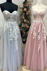 Party Dress Style, Tulle Floral Lace Sweetheart A-Line Prom Gown