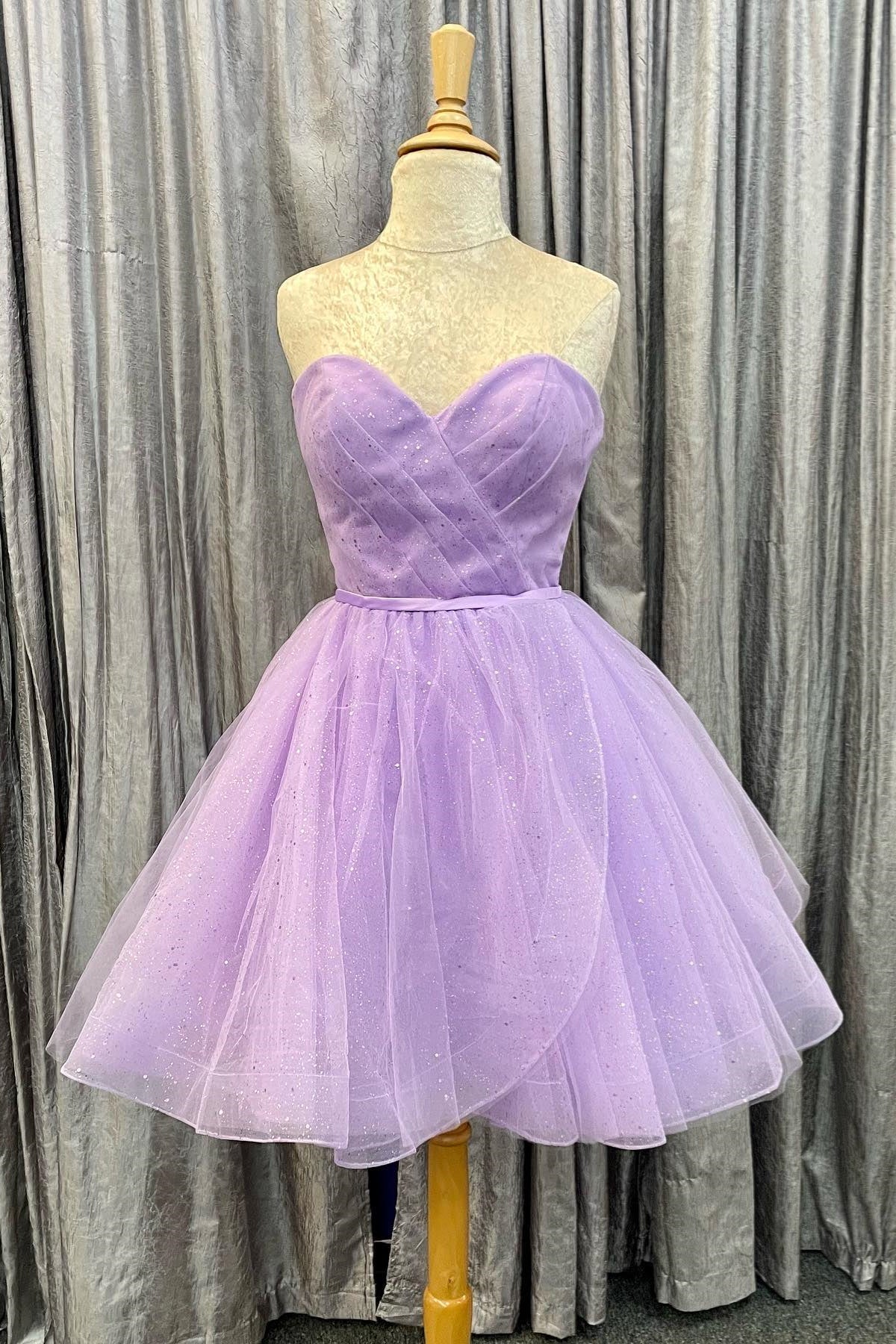 Party Dresses Ideas, Lavender Faux-Wrap Strapless Sweetheart Pleated Tulle Homecoming Dress