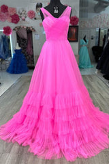 Party Dresses For Girl, Hot Pink Illusion Strapless A-line Layers Tulle Long Prom Dress