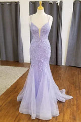 Bridesmaid Dress Tulle, Mermaid Lavender Floral Lace Straps Long Prom Dress
