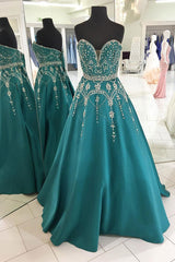 Party Dresses Shopping, Green A Line Floor Length Sweetheart Sleeveless Beading Prom Dresses
