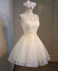 Club Dress, Champagne Lace Round Neck Short Prom Dress, Bridesmaid Dress