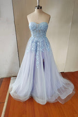 Evening Dresses Store, Blue Strapless Lace Long A-Line Prom Dress, Blue Evening Party Dress